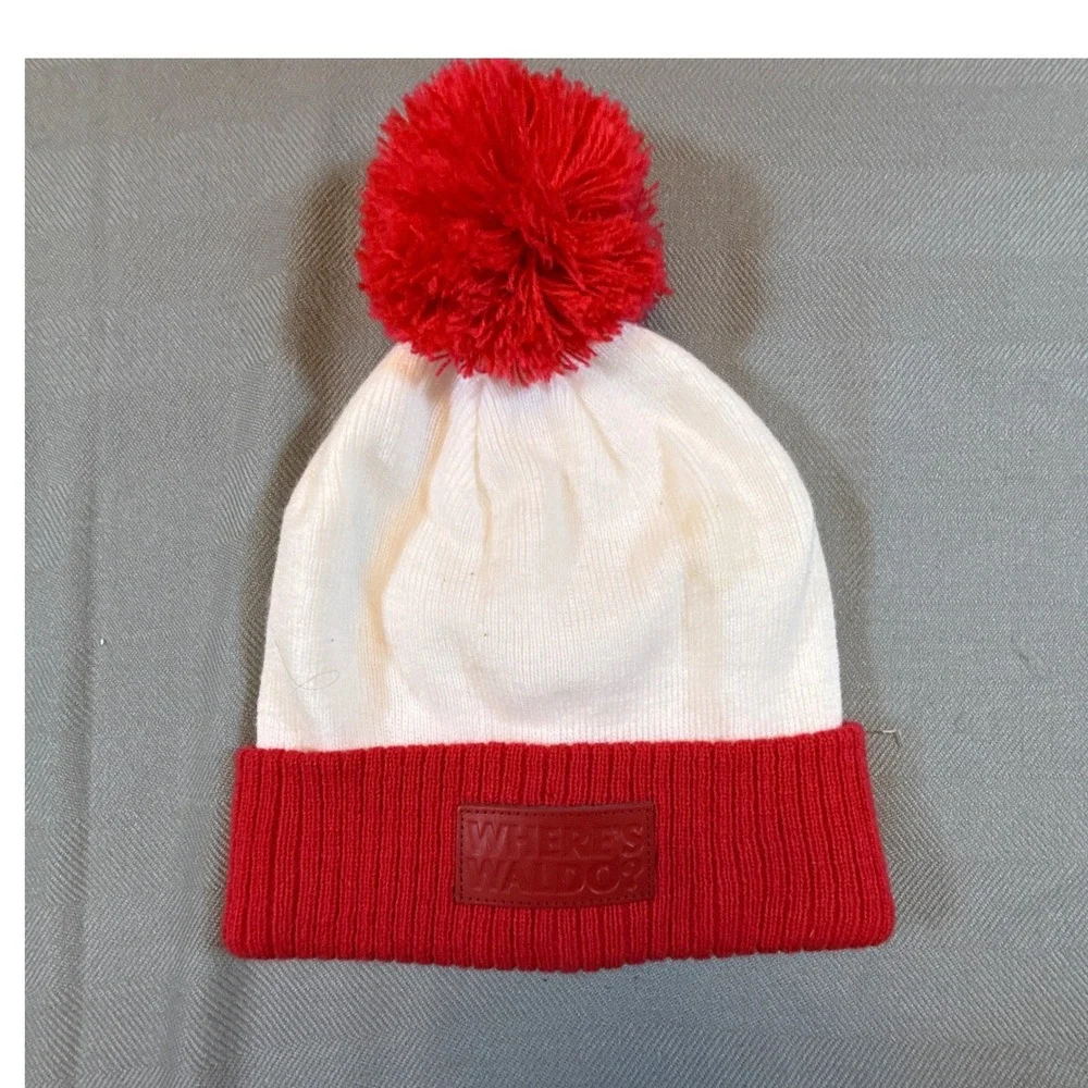 Wheres Waldo Red White Striped Knit Beanie Pom Pom Hat Costume Accessory 2262